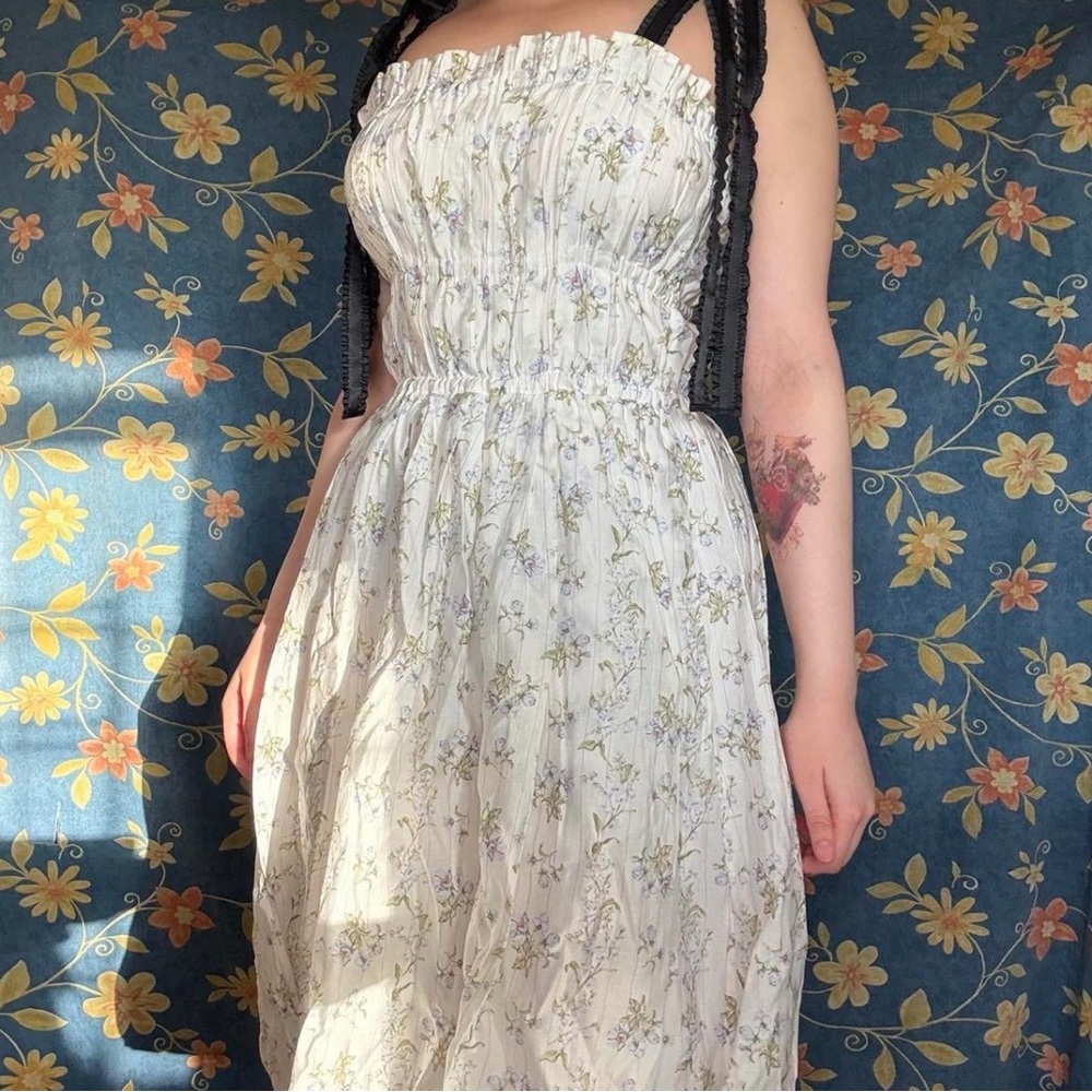 Smocked Floral Midi Dress in Cream